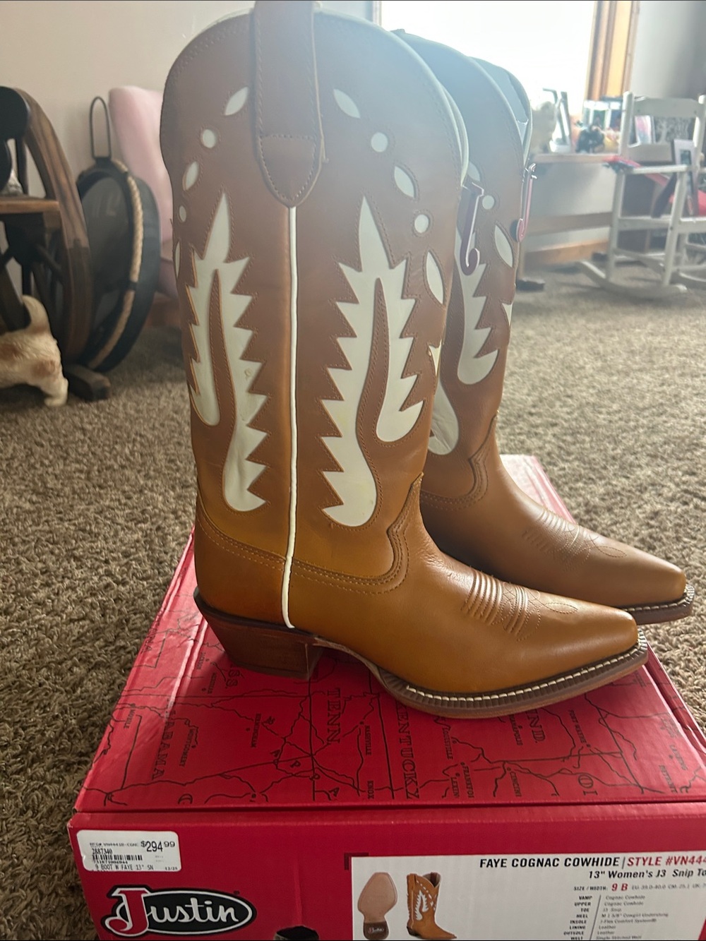 New Women’s Justin Cognac Cowhide Western Boots with White Inlay